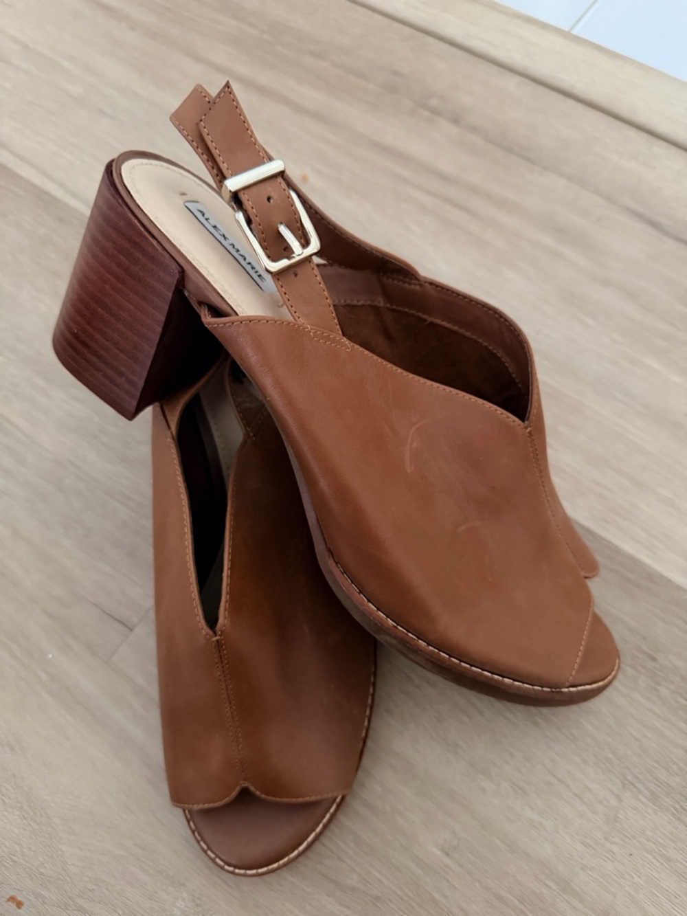Alex Marie Tan Leather Slingback Block Heel Sandals